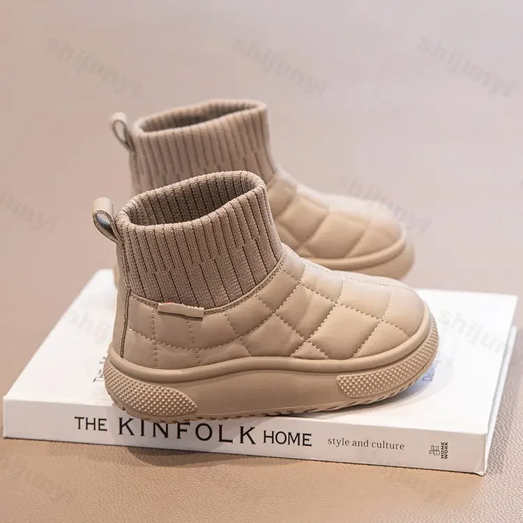 2024 New Solid Color Fashion Plaid Kids Casual Snow Boots Plush Winter Soft Baby Boys Girls Short Boots Children Cotton Shoes