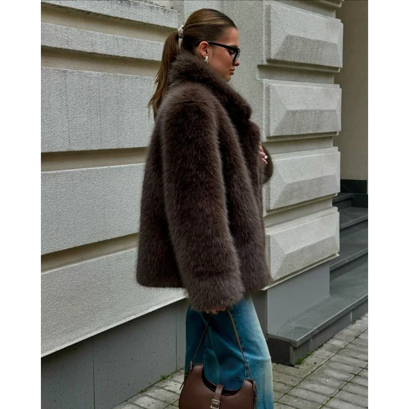 QICHE 2026 Womens Faux Fur Outerwear, Mid Length Brown Lapel Collar Faux Fox Fur Warm Fashion Coat
