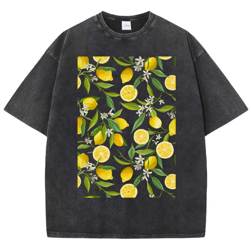 

Fresh Fruit Lemons Pattern Washed T Shirt Women Summer Hip Hop Tops Cotton All-Match Sportswear Oversized Soft Woman Clothes