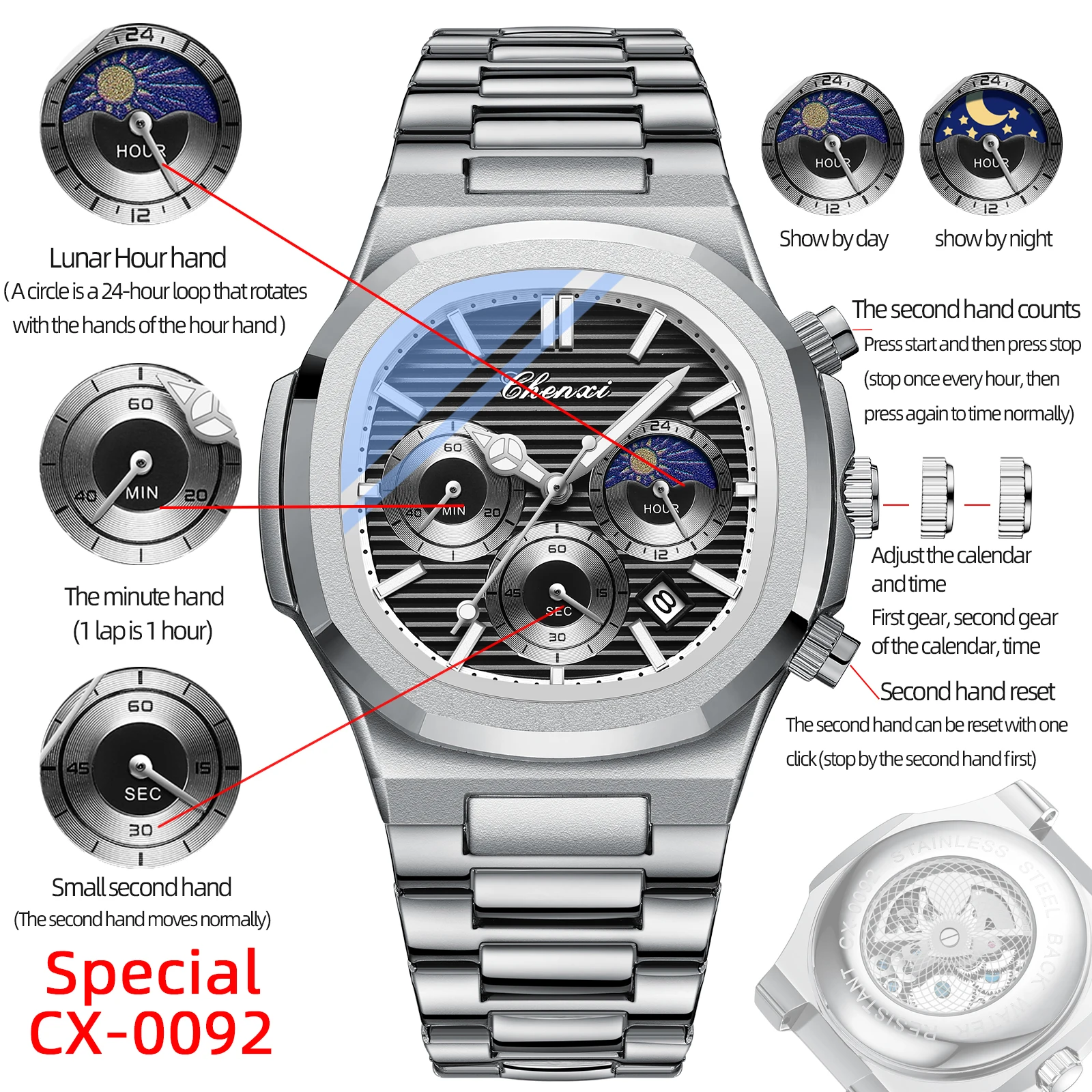 CHENXI Men Watch Luxury Men Watch Waterproof Luminous Stainless Steel Watches Sport Quartz Clock Mens Date Business Wristwatch