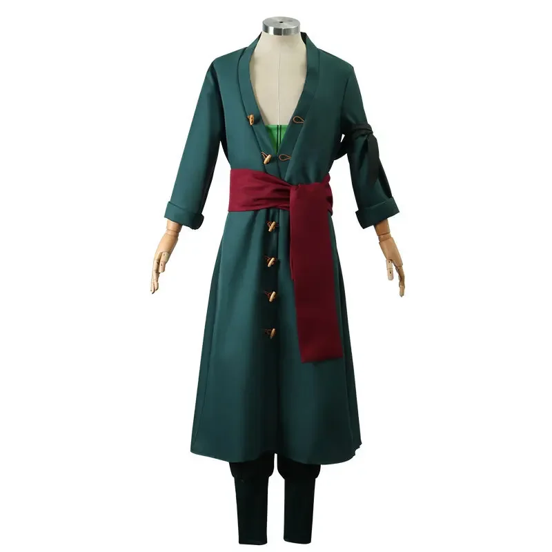 Anime Roronoa Zoro Costume Cosplay uniforme cappotto verde cintura pantaloni testa sciarpa Roronoa Zoro parrucca orecchini Halloween uomo vestiti