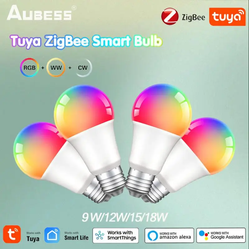 Tuya Smart Bulb Zigbee 9/12/15/18W Via App Timing LED Lights RGBW E27 Lamp 2700k-6500K Smart Voice Control Via Alexa Google Home