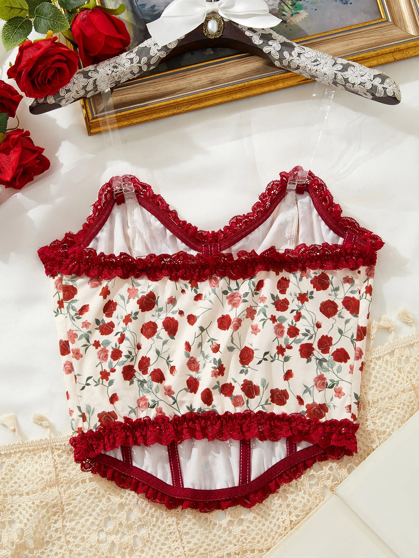Y2k Tops French Floral Off Shoulder Top Sleeveless Women's Outer Wear with Breathable Lace Back-beautiful Underwear for Summer view 2