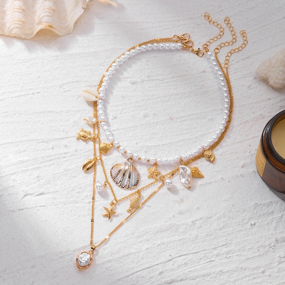 Barocke Halskette mit unregelmäßigen Imitationsperlen, Muscheln, Seesternen, Schnecken und Fischen für Damen und Herren, Bohemian Ocean Beach Schmuck – Detail 11