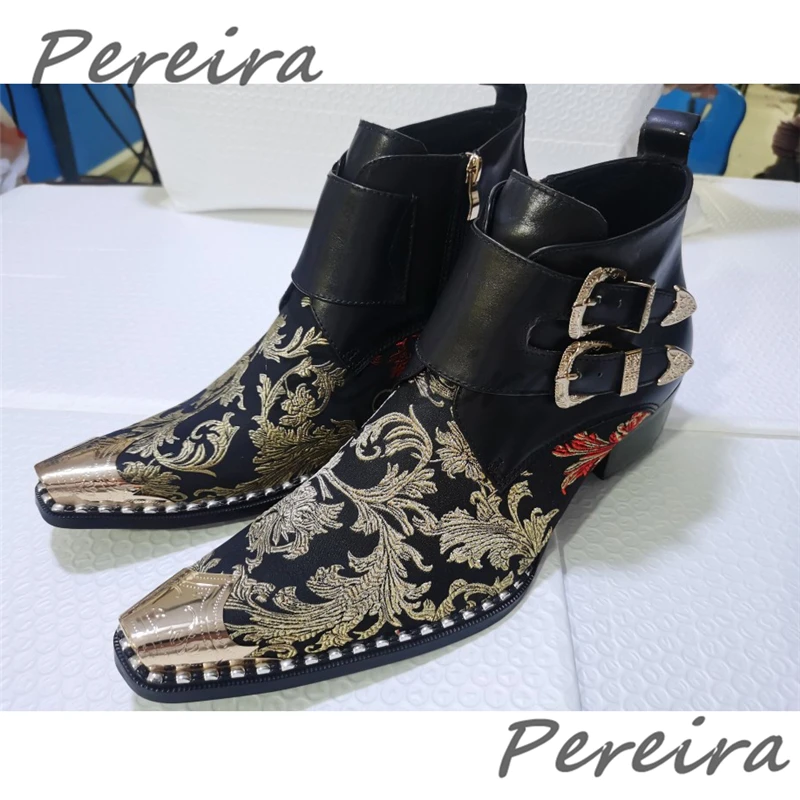 Black Embroidery Metal Double Buckle Chelsea Boots Genuine Leather Pointed Toe Side Zipper Ankle Boots Banquet Party Men's Shoes