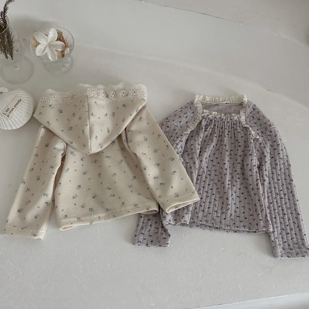 2026 Autumn New Baby Girl Long Sleeve Waffle Bottoming Shirts Girls Cute Lace Floral Hooded Tops Infant Toddler Clothes