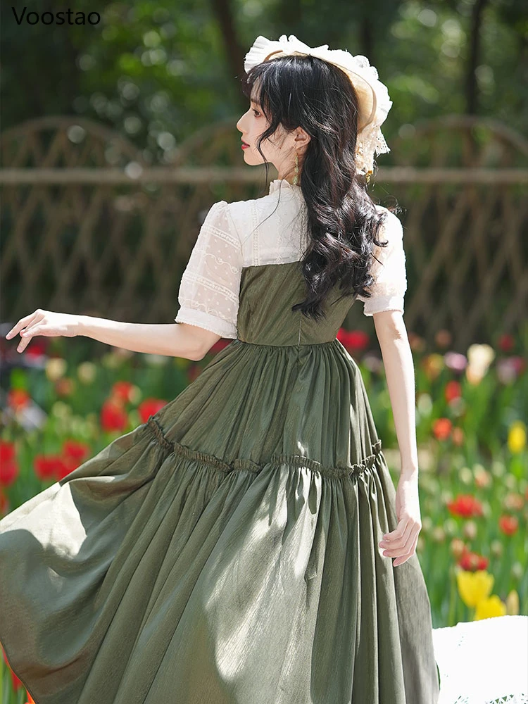 Summer Vintage Victorian Princess Dress Women French Sweet Lolita Style Puff Sleeve Party Dresses Female Elegant Green Vestidos