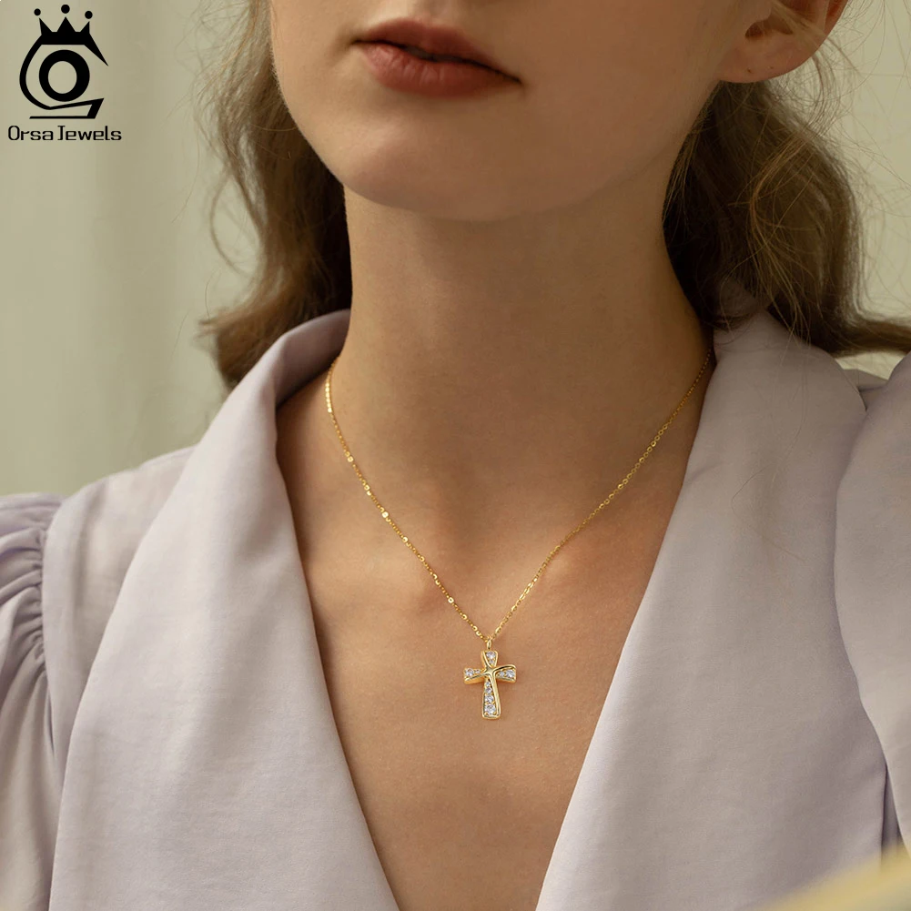 ORSA JEWELS 925 Sterling Silver 14K Gold Cross Necklace for Women Dainty Simple Prayer Religious CZ Pendant Jewelry SN332