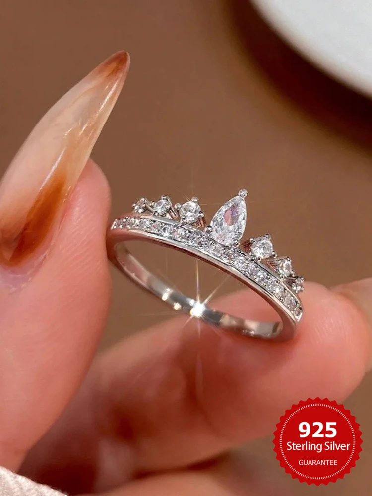 

925 Sterling Silver Luxury Shiny Crown Water Drop Zircon Ring For Women Engagement Wedding Fashion High Quality Fine Jewelry