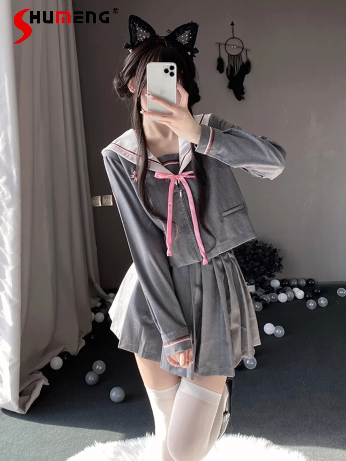 

Japanese Sweet Preppy Style JK Uniform Embroidered Flower Sailor Collar Bow High Waist A-line Pleated Skirt Two-piece Sets Women