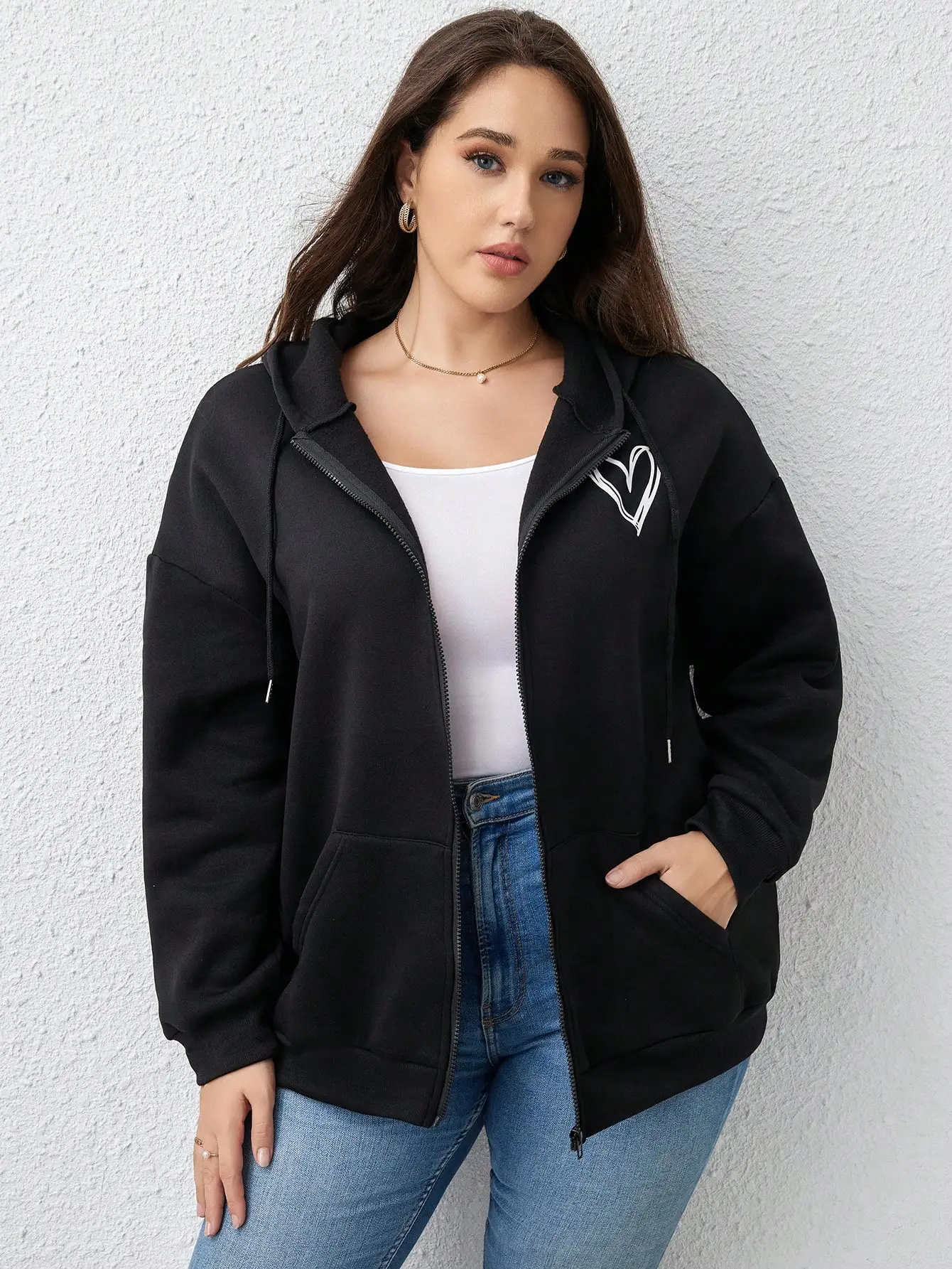 

Black Oversized Drop Shoulder Zip-Up Hoodie with Heart Outline Print