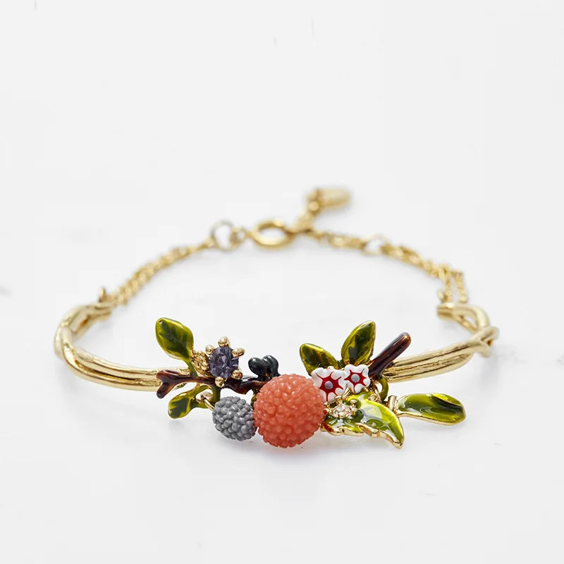 New Fresh Fashion Enamel Coloured Glaze Flowers Green Leafy Raspberry Fruit Multi-drop Double Chain Bracelet Sweet Bangle Women