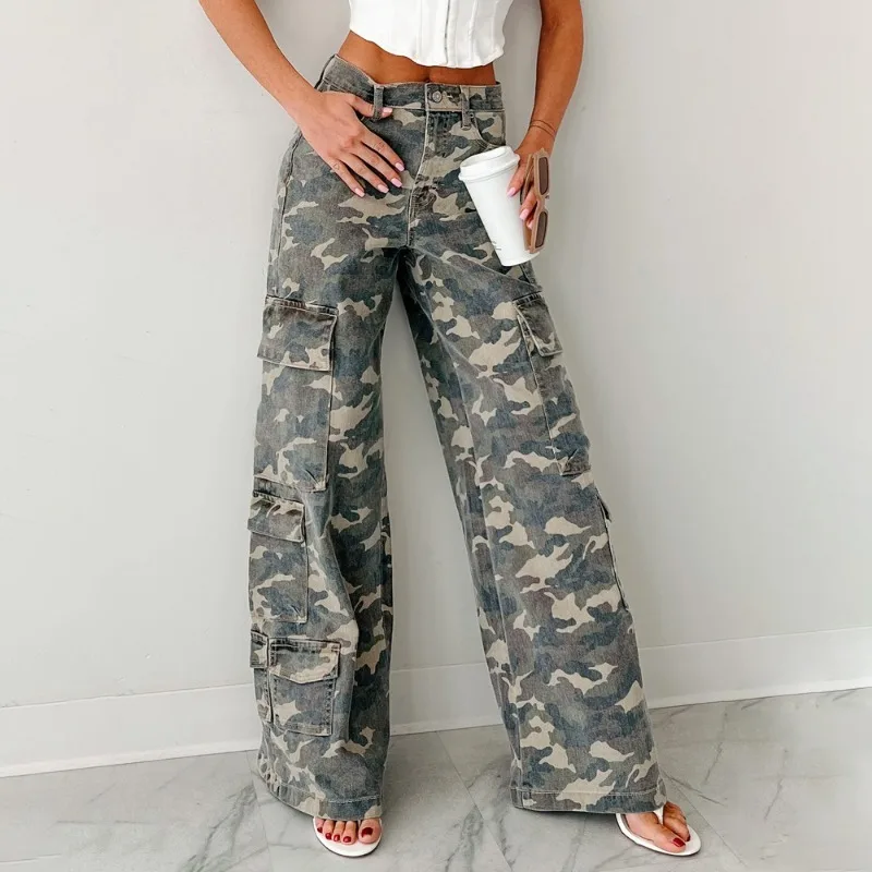 Cross-border Autumn Fashion New Casual Camouflage Workwear Straight-leg Women's Distressed Jeans Street Trendsetters Pure Cotton
