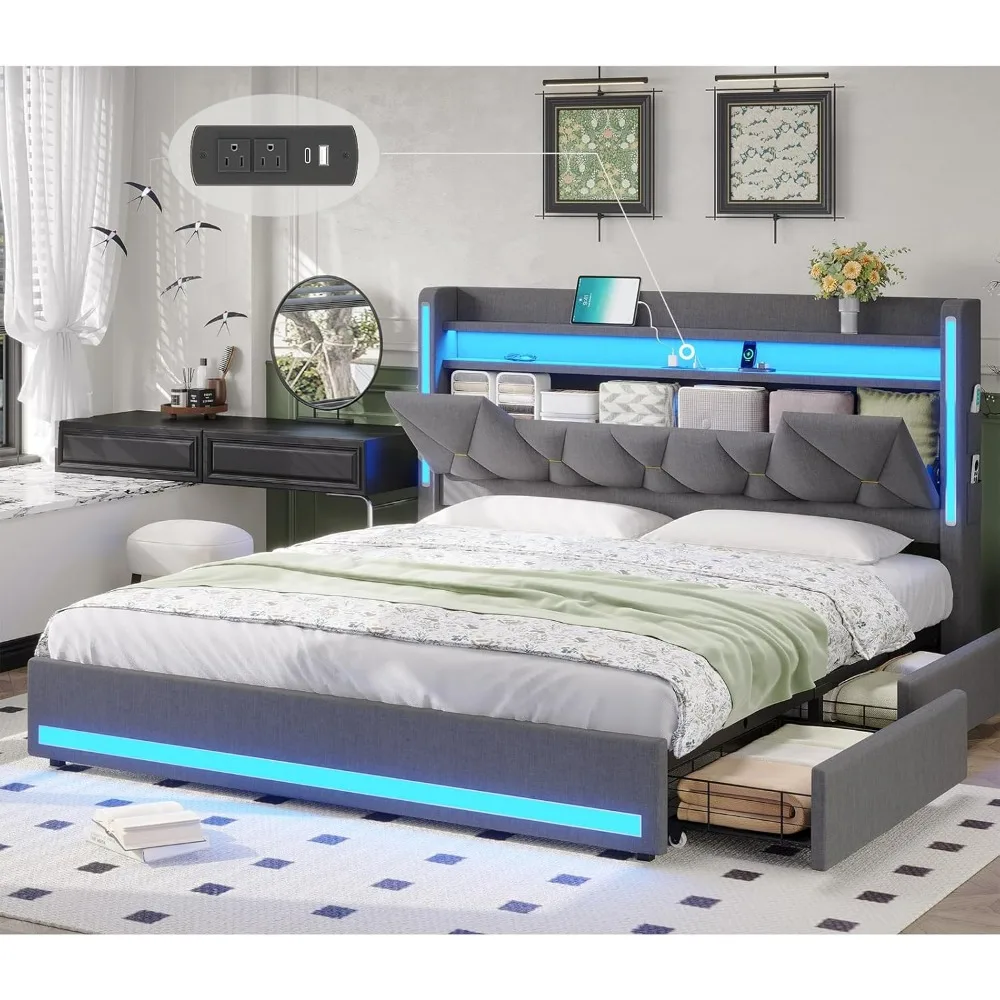 Queen Bed Frame with Storage Drawers, Headboard and 2-Tier Shelves, Bed with Charging Station & LED Lights, Storage Bed Queen