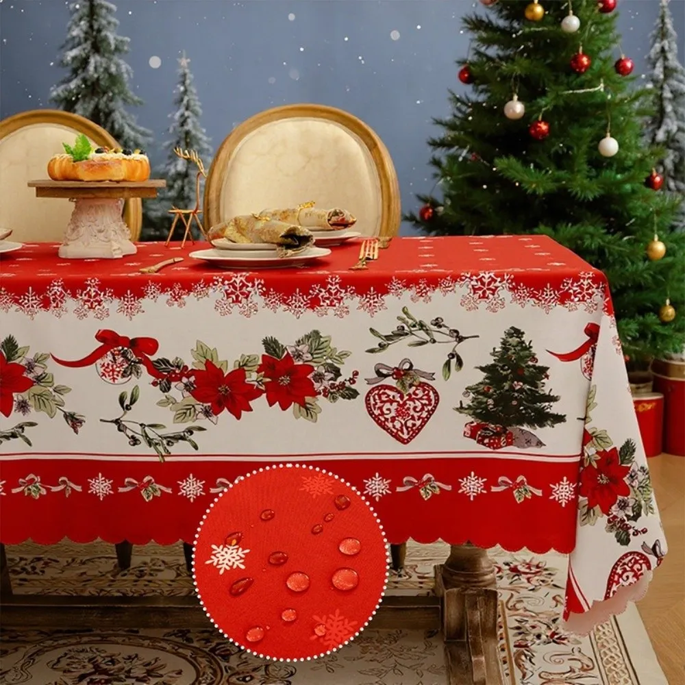 New Rectangle Decorative Table Cloth Waterproof Reusable Christmas Table Cover Poinsettia Floral Xmas Tablecloth Festival Props