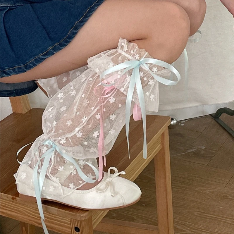 Summer Lace Leg Warmers Fashion Y2K Mid Length Sock Covers Girls Lolita Style Bowknot Sweet Leg Covers Meshes Leg Sleeves Woman
