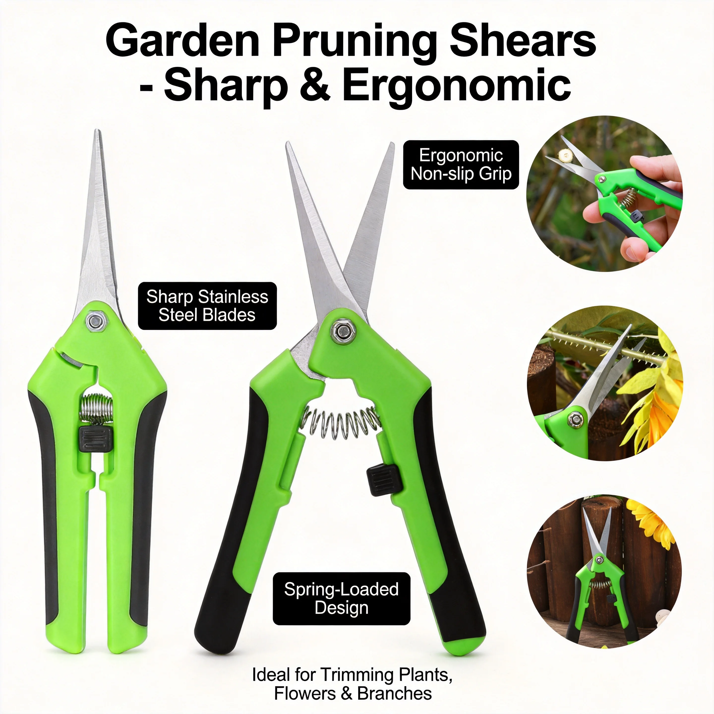 Garden Pruning Shears Set - Stainless Steel Trimming Scissors for Flowers, Branches, and Herbs with Non-Slip Ergonomic Handles