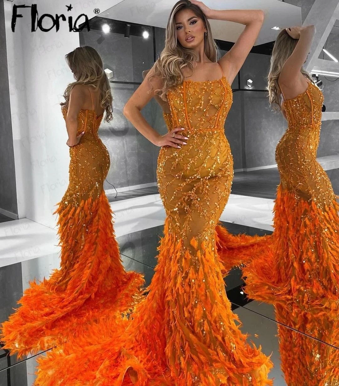 

Black Girl Orange Sparkly Evening Dress Full Feather Spaghetti Straps Formal Occasion Dresses Women Prom Gowns Custom Made