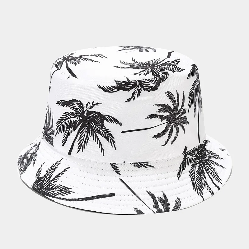 Brand New Fisherman Hats Men and Women Printed Coconut Palm Double-sided Bucket Hat Unisex Outdoor Travel Sun Visor Caps