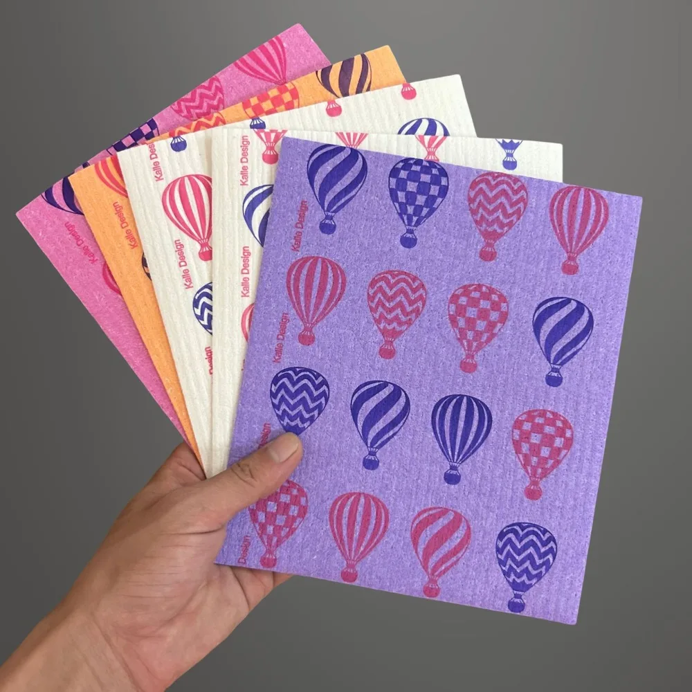 5Pcs Reusable Cellulose Sponge Cloth Colorful with Hot Air Balloon Pattern Swedish Dishcloths Durable Ultra Absorbent Dish Towel