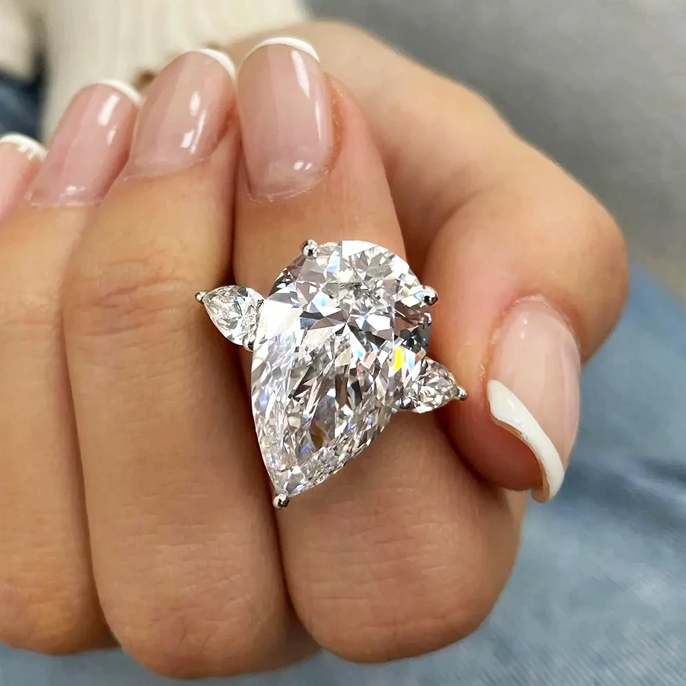 BXINY 13Carat Pear Cut All Moissanite Ring 925 Sterling Silver Big WaterDrop Three Diamond Wedding Band for Women Luxury Jewelry