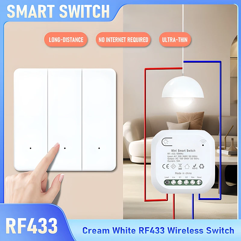 

Беспроводной переключатель RF433 с дистанционным управлением, минималистичный кремово-белый яркий комплект со сверхнизким энергопотреблением, комбинированный набор умных переключателей