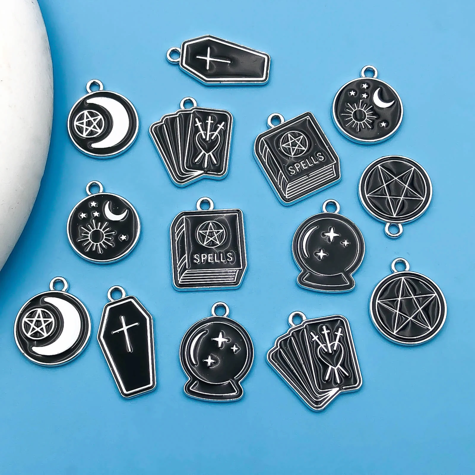 10/14pcs/pack Moon Star Cross Book Charms Enamel Alloy Black Magic Book Magic Ball Pendants For Jewelry Making Earring Bracelet