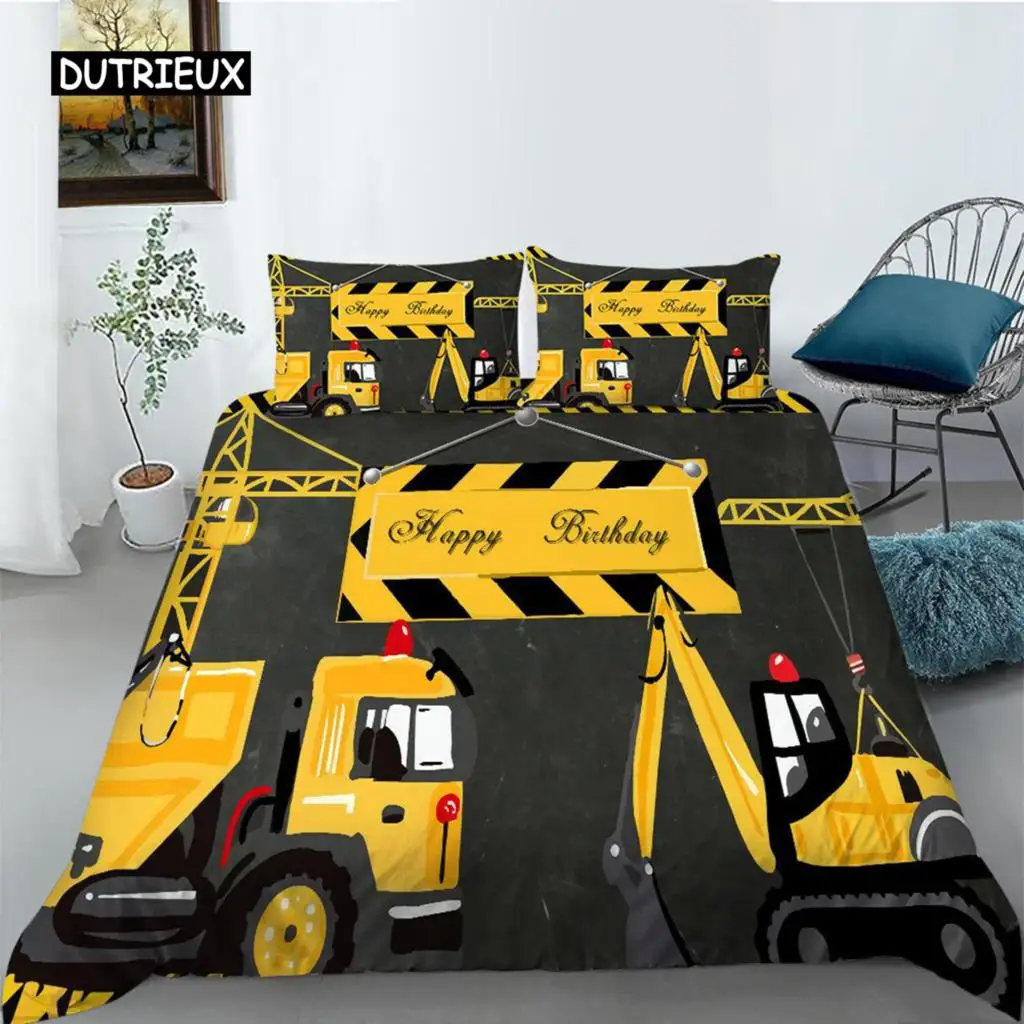 

Construction Truck Duvet Cover Microfiber Cartoon Construction Vehicle Print Bedding Set Gift Happy Birthday Pattern Quilt Cover