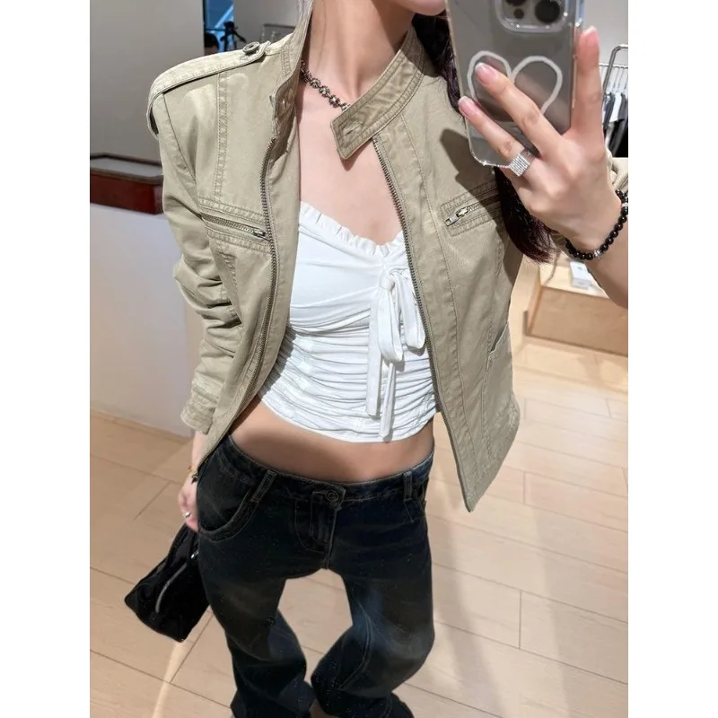 Amerikanische Vintage Kahaki Safari Jacken Frauen Herbst Y2k Kleidung Casual Streetwear Elegante Kurze Mäntel Koreanische Mode 2000er Jahre