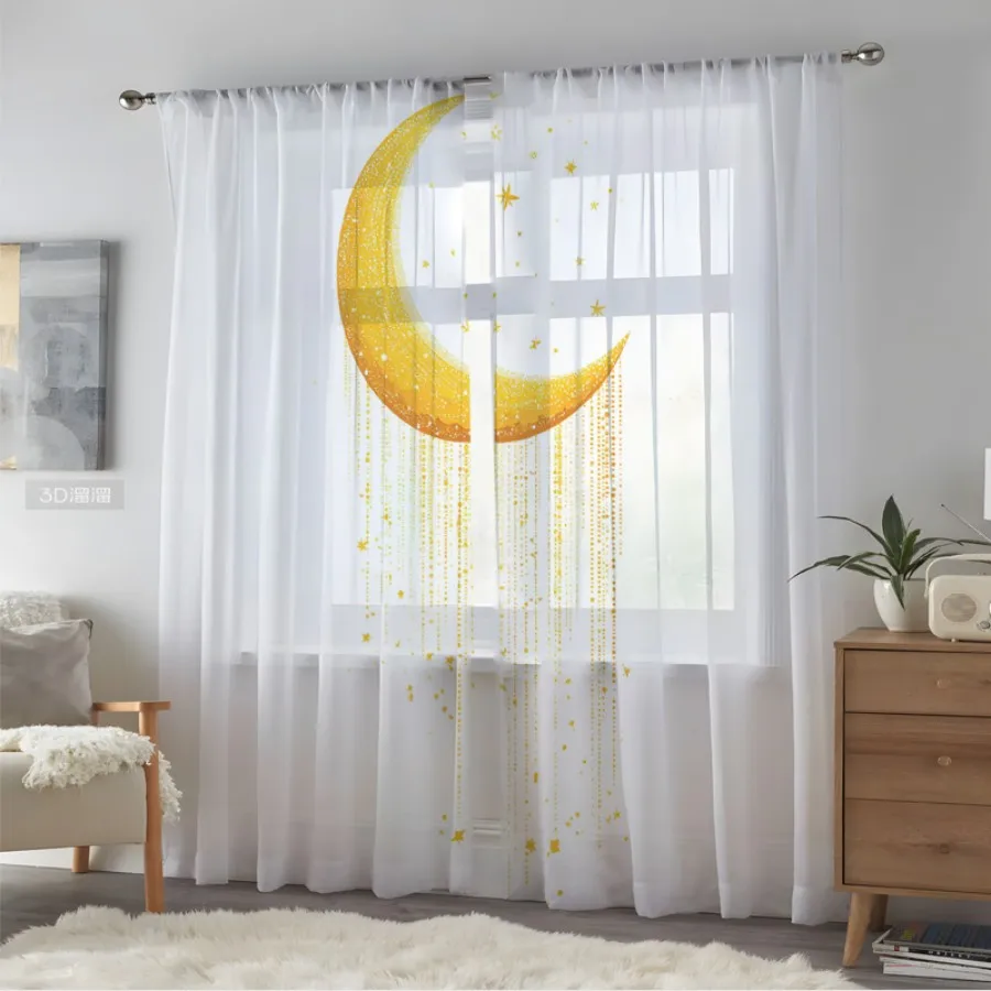 2PCS Digital Print Sheer Curtains, Sparkling Gold Moon Curtain, Luxury Celestial Glamorous for Bedroom Living Room Home Decor
