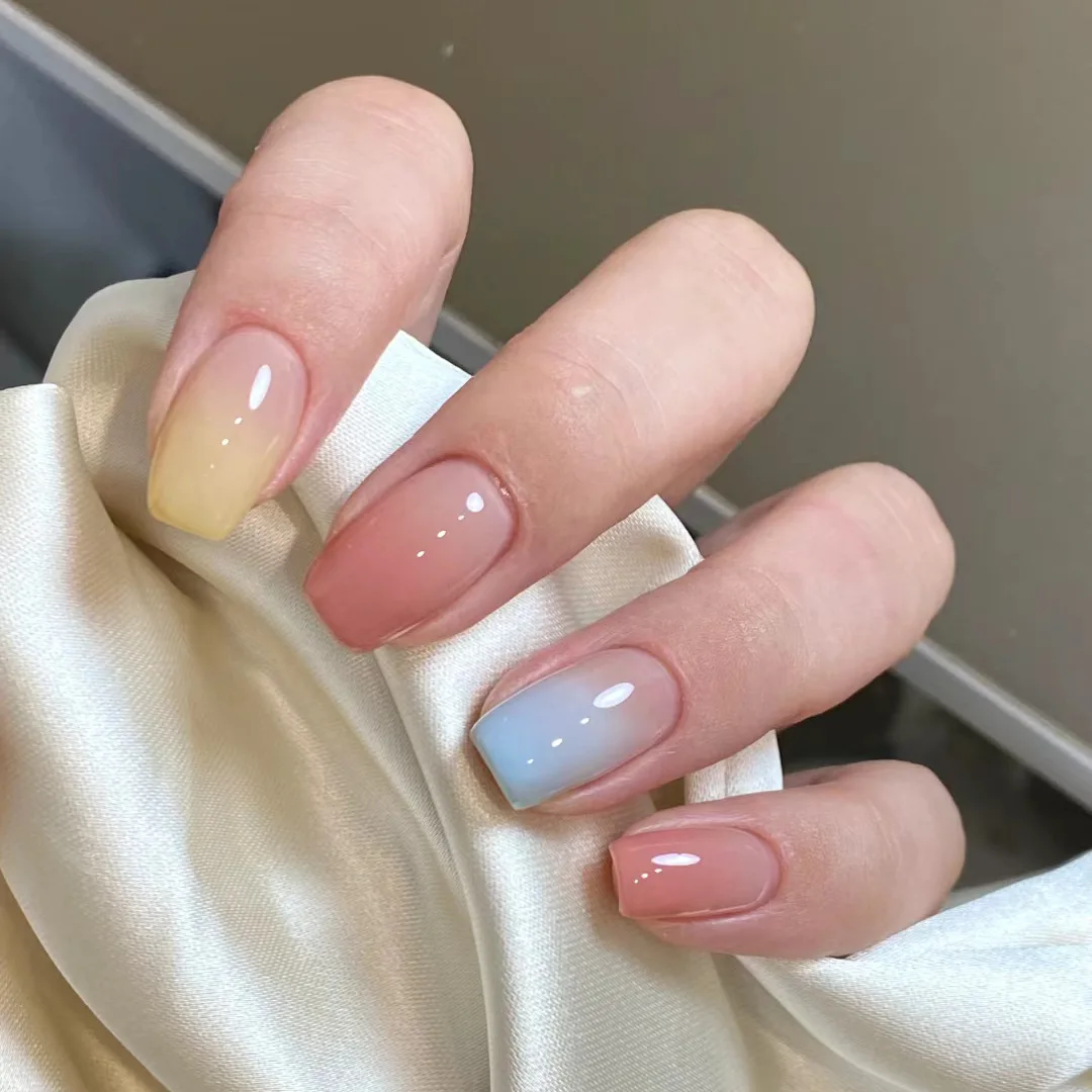 24Pcs Macaron Color Fake Nail Tips Gradient with Design Full Cover False Nail Short Square Head Reusable Finished Nails Press On