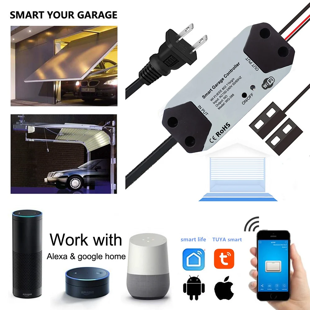 WiFi Switch Smart Garage Door Opener Controller Work With Alexa Echo Google Home SmartLife/Tuya APP Control No Hub Require