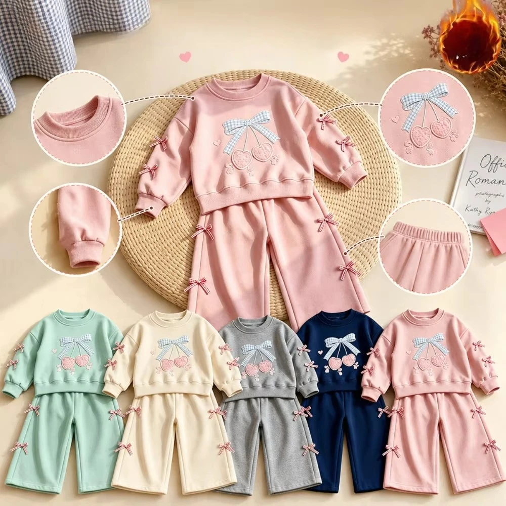 Autumn Winter Velvet Warm Little Girl Clothes Korean Style Sweet Bow Children's Clothing Long Sleeved Pullover+Pants 2-piece Set
