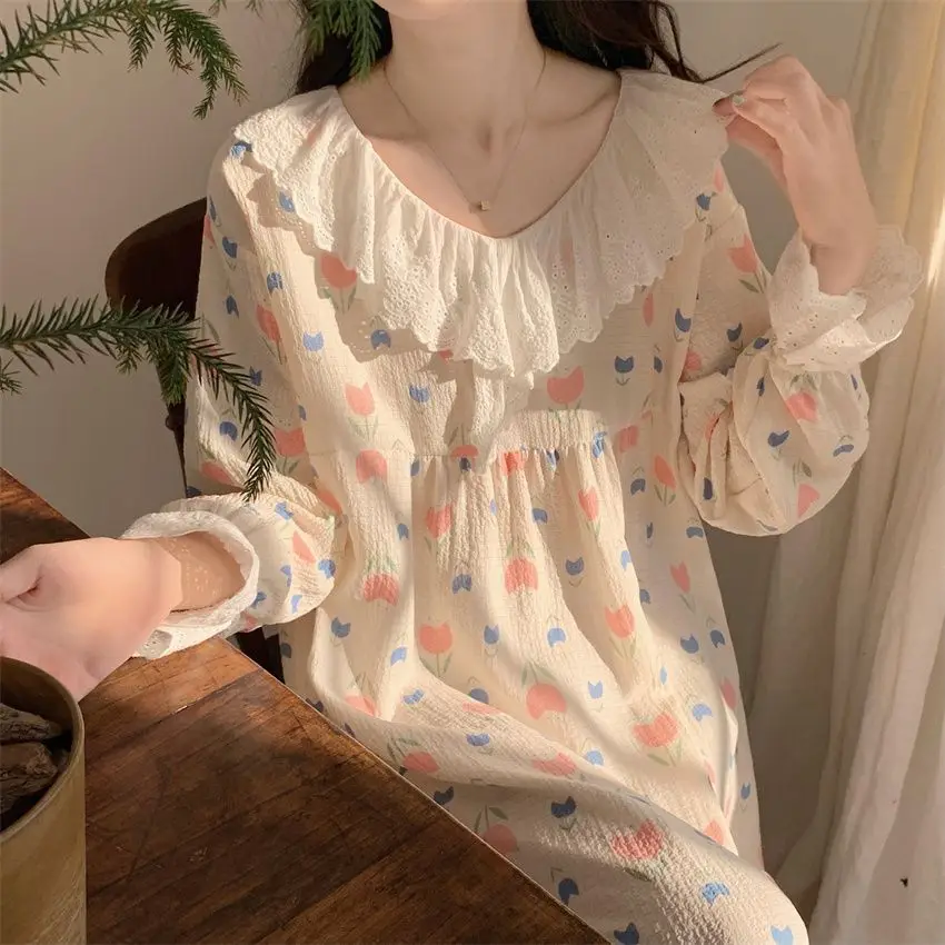 Floral Women Nightgown Korean Style Sleepwear Long Sleeve One Piece Pajamas Autumn Lace Night Dress Home Sleeping Wears New In