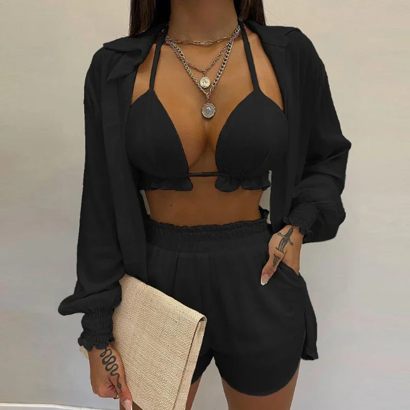 Women's Bikini Three-piece Gradient Printing Long Sleeve Lapel Shirt+bra+shorts Split Swimsuit Set Beach Holiday Party Swimsuit