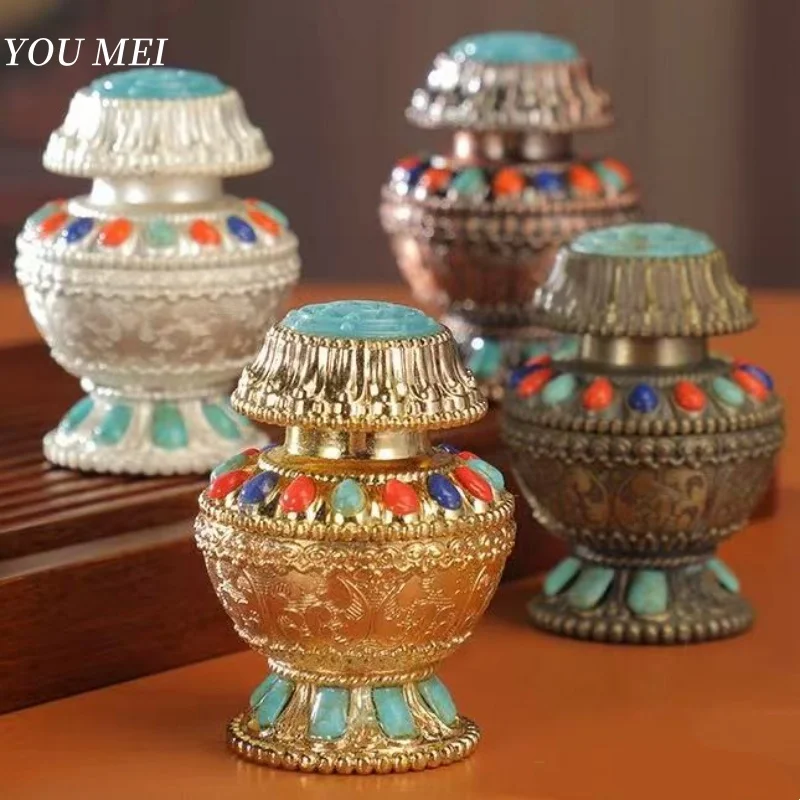 

Buddha Mini Aquarius,Eight Auspicious Tibetan Altars Buddhism Alloy Inlaid Gem Spice Organizer Jar,Buddhist Item Religious