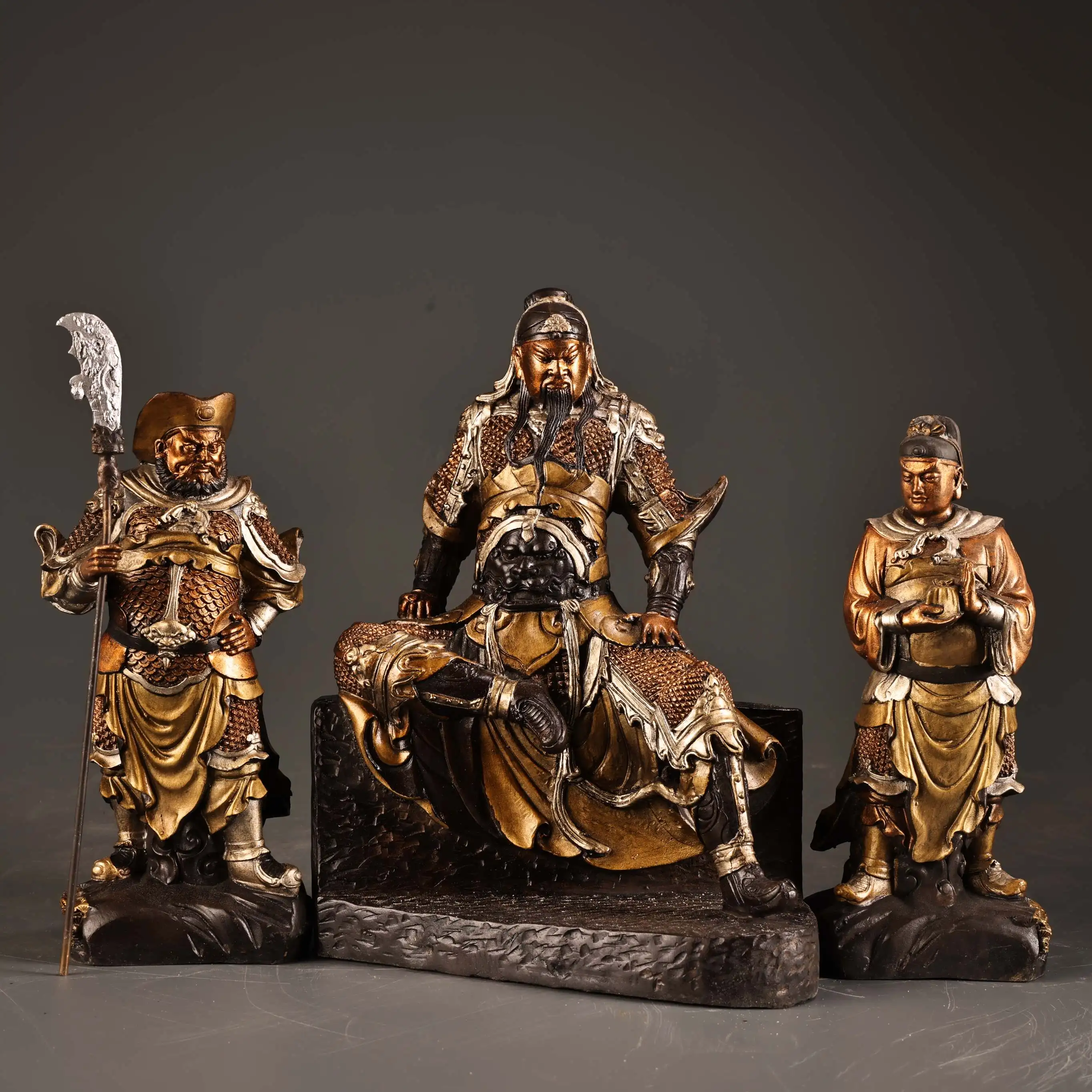 

8-дюймовый коллекционный старый бронзовый контур из золота, серебра, киноварь, Гуань Гун Будда влево и вправо. Общая статуя. Набор. Зал поклонения.