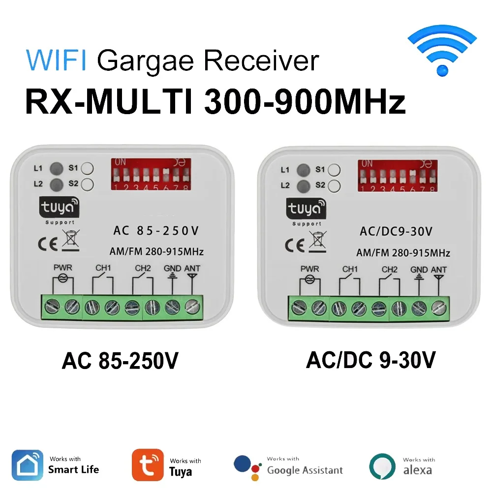 Tuya WiFi Garage Door Receiver 2CH Gate Universal Receiver Multi Frequency for 300-900MHz Remote Control Switch 9-30V 85-250V