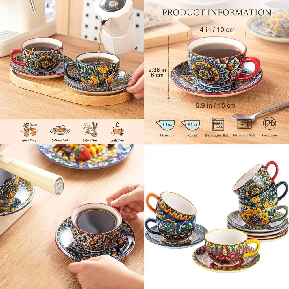 

Set of 6 Ceramic Porcelain Mugs, 8.5 oz, Vibrant Colored Cups for Coffee, Tea, Cappuccino, Safe for Microwave & Dishwasher