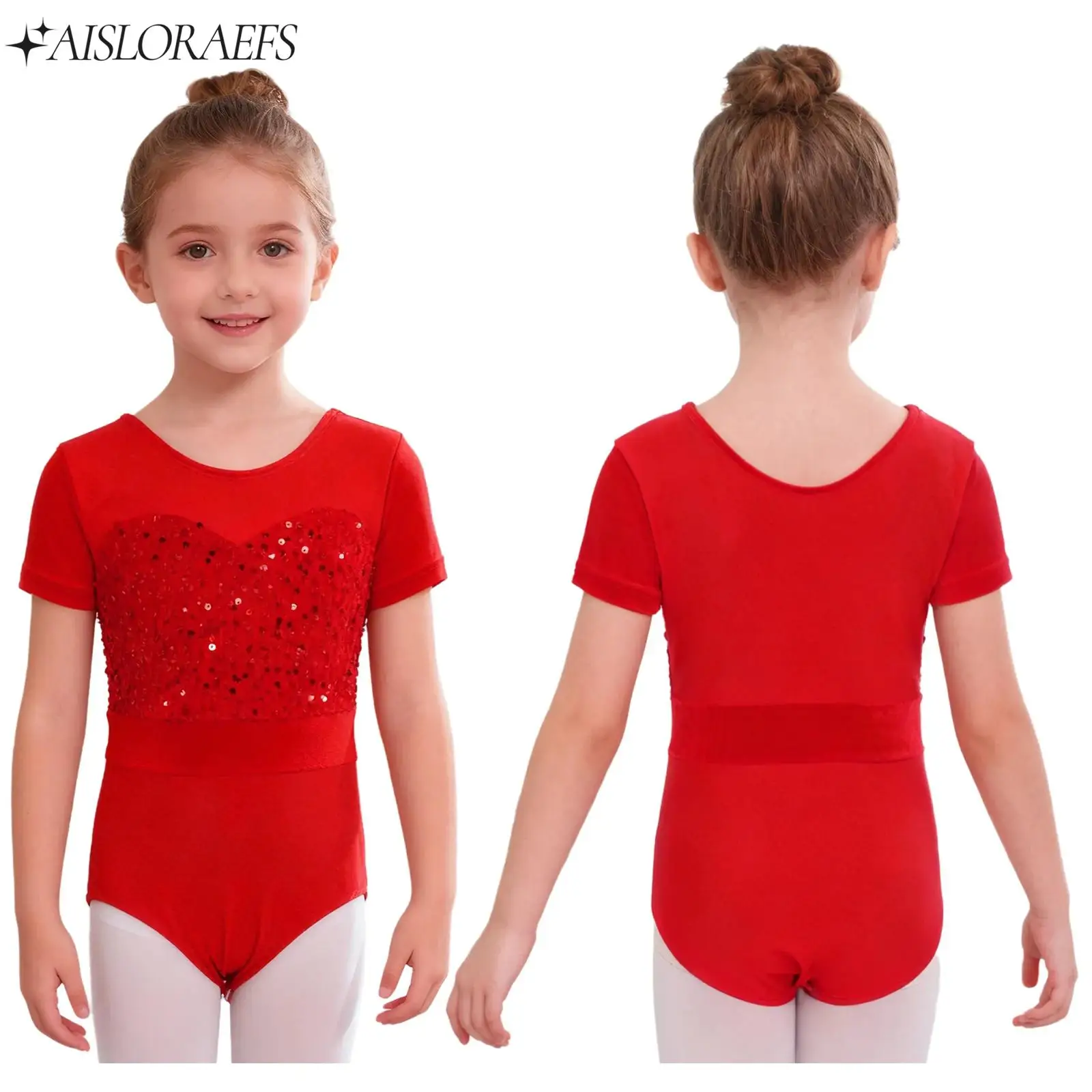 

Girls Ballet Dance Gymnastics Leotard Teen Short Sleeve Shiny Sequins Velvet Press Buttons Crotch Bodysuit for Stage Performance