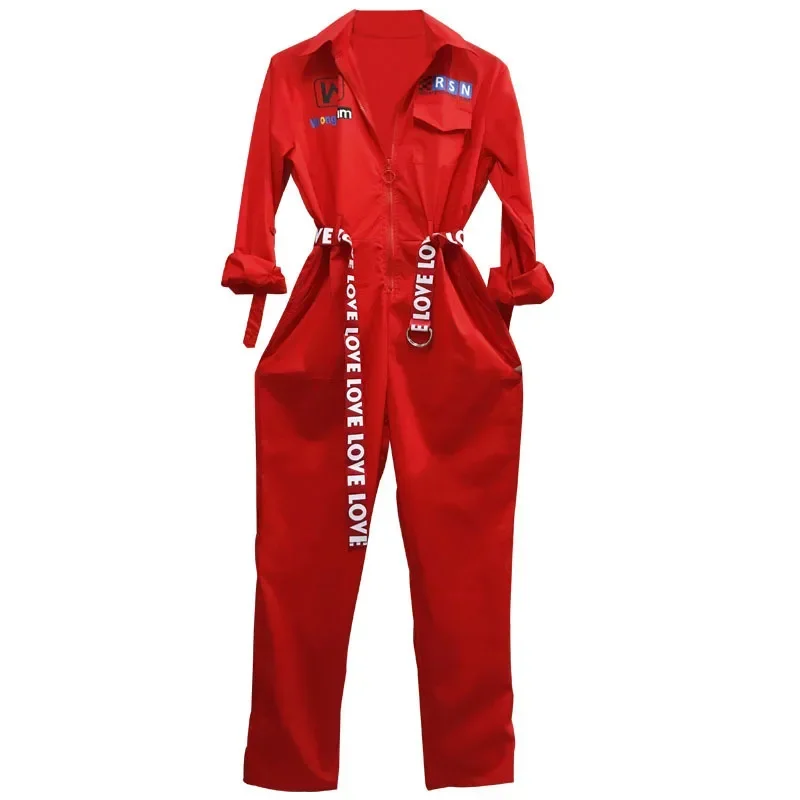 #0102 Stage Costumes For Singers Women Dance Night Club Costume Hip Hop Overalls Unisex With Belt Red Jumpsuit Long Sleeve Loose