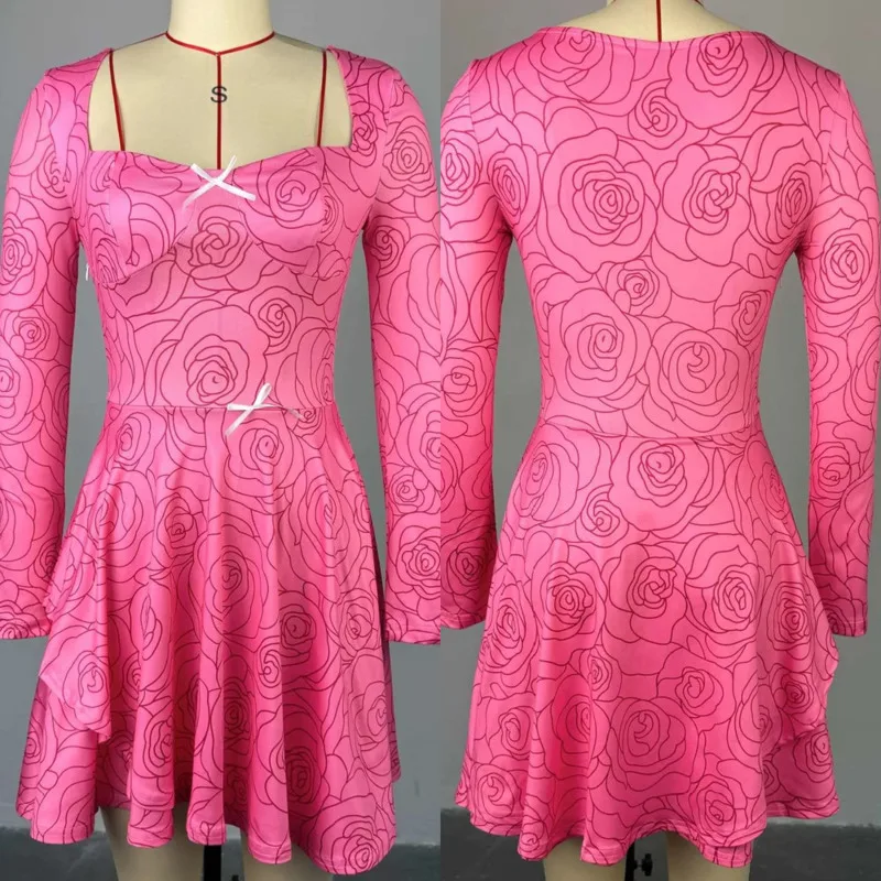 

Sweet Square Neck Bow Dress Pink Printed High Waisted Long Sleeved Dress New Fashion Summer Women's Party Banquet A-line Skirt