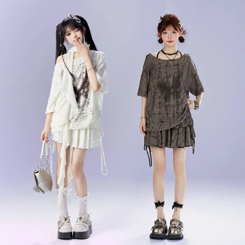NONSAR Vintage Y2k Girls Dune Style Skirt Sets Lazy Style Butterfly Printed Drawstring Long Sleeve Top + Solid Big Hem Skirt