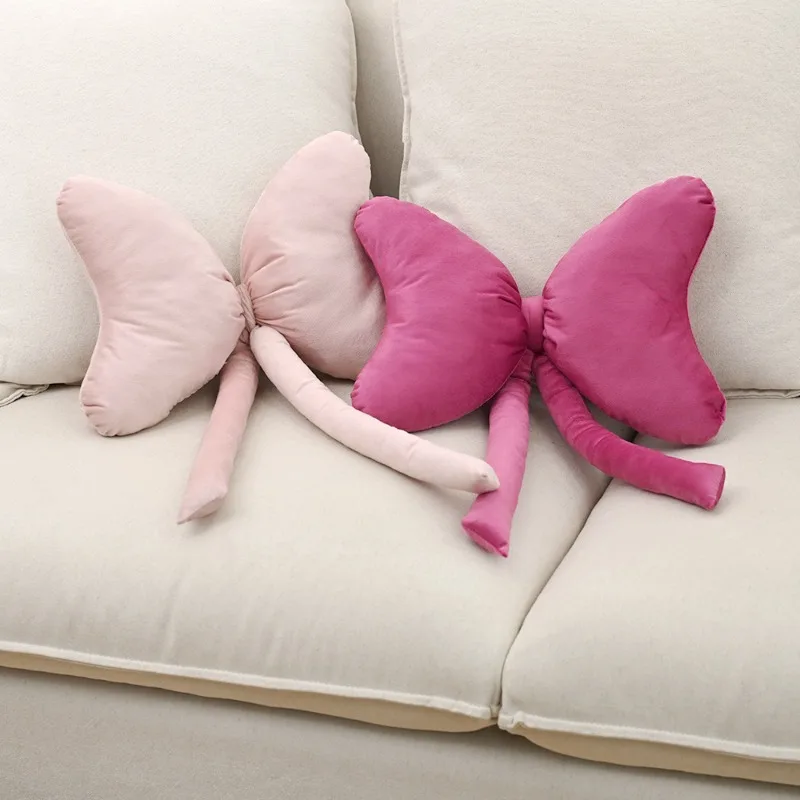 Bohemian Bow Cushion Dutch Velvet Breathable Lumbar Support Sofa Bed Pink Fluffy Pillow for Girls Room Decor