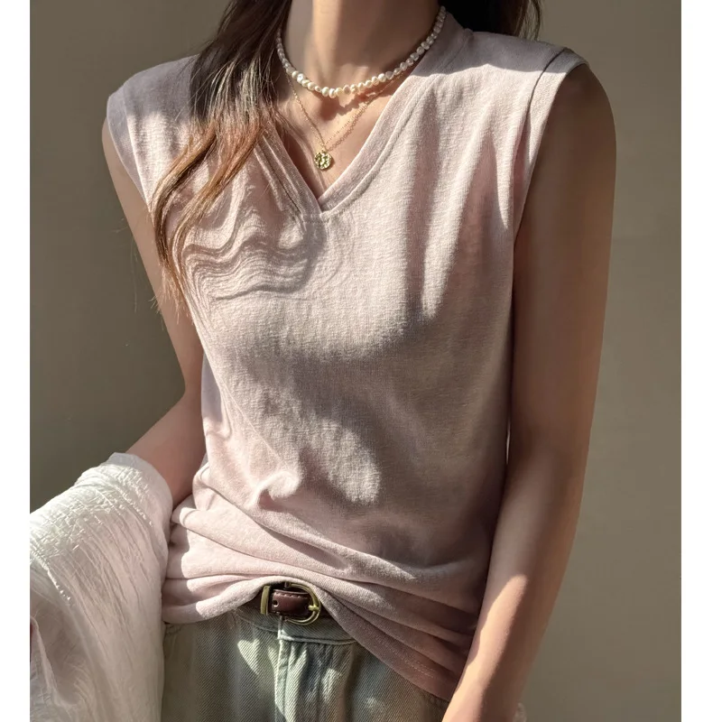 Solid color summer lazy cotton design sense V-neck display shoulder width base sling vest women's clothing Korean version outer