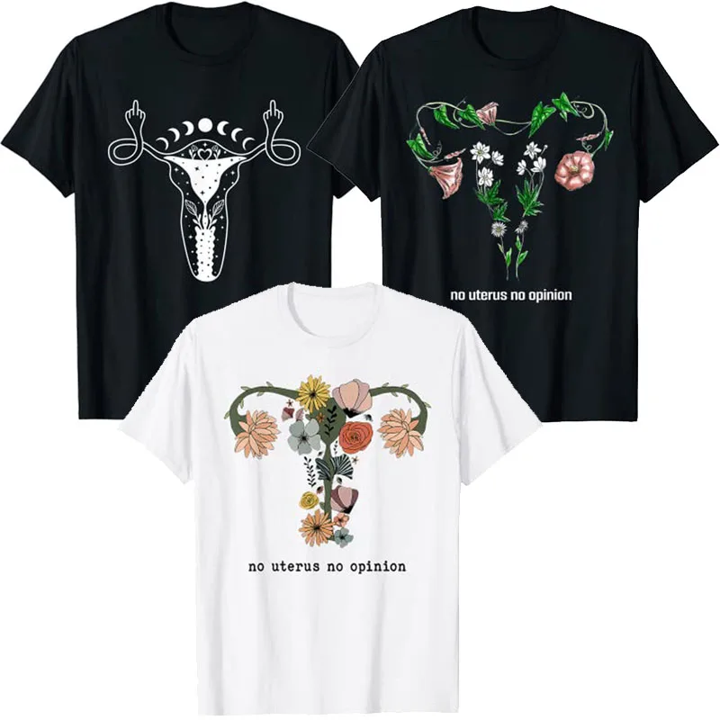 No Uterus No Opinion Feminist Pro Choice Women Rights T-Shirt Floral Print Graphic Tee Tops Uterus-Shows Middle Finger Apparel