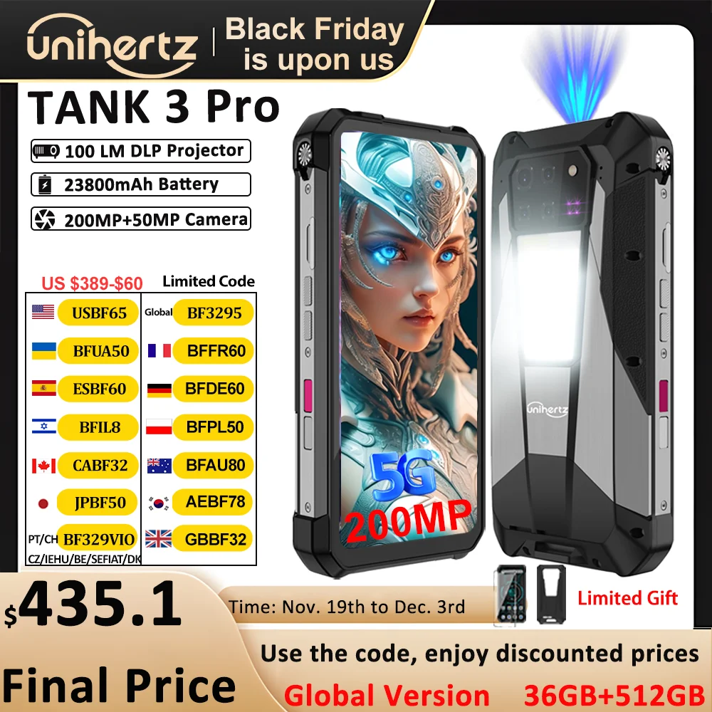 Unihertz Tank 3 Pro 8849 مع جهاز عرض 100 لومن 120 هرتز، وذاكرة وصول عشوائي 32 جيجابايت/36 جيجابايت، وذاكرة قراءة فقط 512 جيجابايت، وشاحن سريع 120 وات، وكاميرا 5 جيجا، وكاميرا 200 ميجابكسل