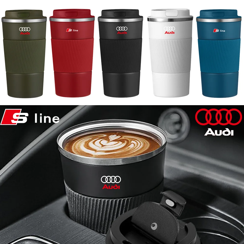 500ml Car Stainless Steel Coffee Cup Vacuum Thermos Mug Non-slip Insulated Bottle Valve Cap For Audi Sline A4 A6 A5 Q5 Q3 RS RS3