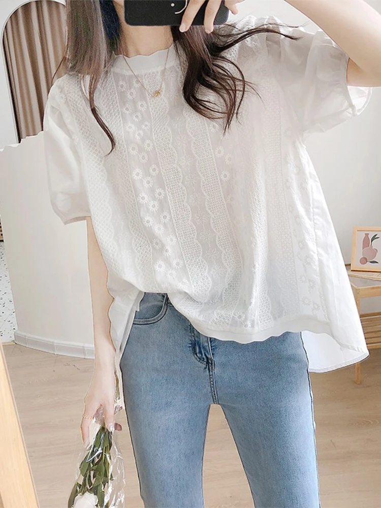 

White Doll Collar Embroidered Cotton Shirt Women's Summer Versatile Heavyweight T-Shirt Korean Style round Neck Bubble Sleeve