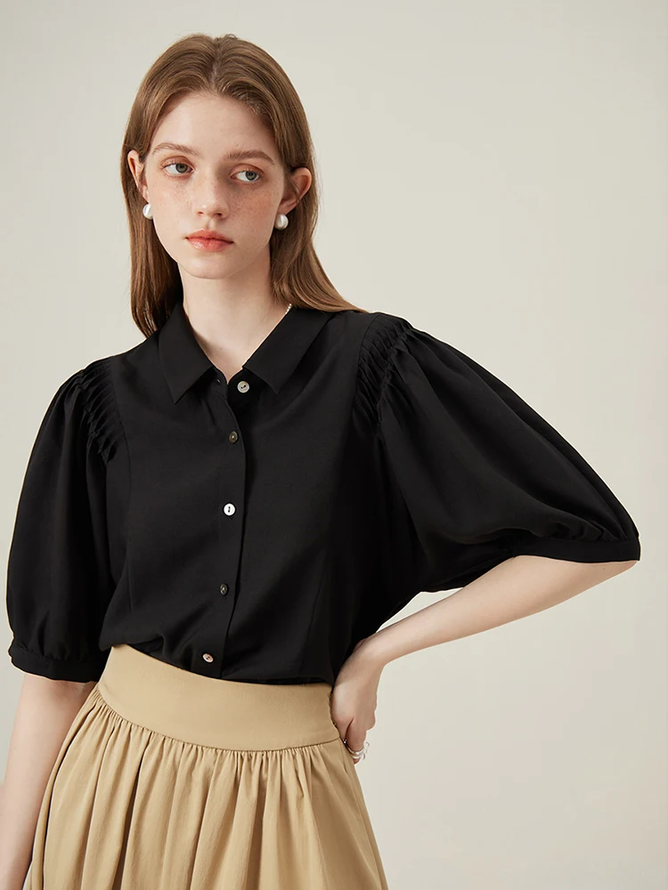 FSLE French Style Short-Sleeved Women Shirt 2024 Summer New Design Bat-Sleeve Versatile Commuting Female Top 24FS12242